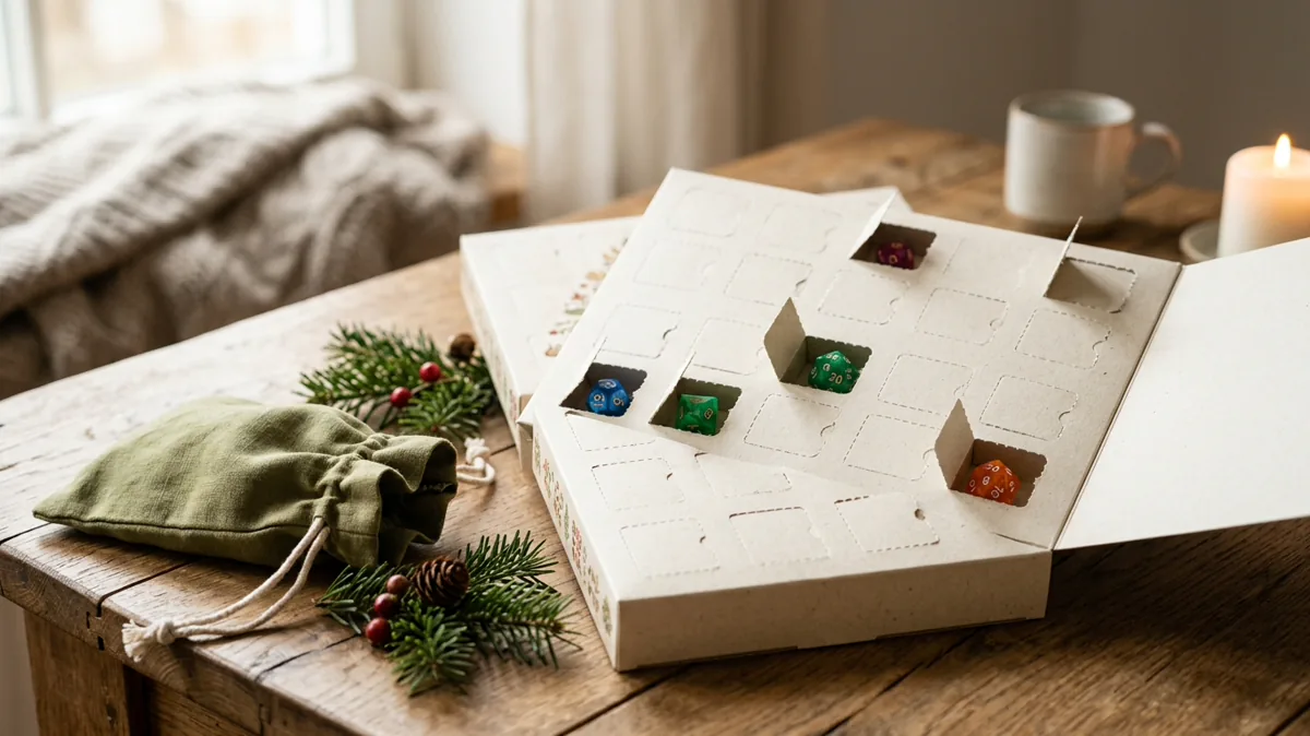 Adventskalender mit 24 Türchen, aus denen bunte Rollenspielwürfel schauen