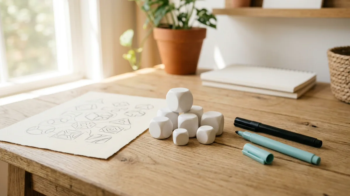 Blankowürfel mit Folienstiften und Entwurfsskizze auf einem Tisch