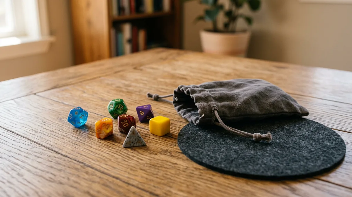 Polyset aus Rollenspielwürfeln mit Würfelbeutel und Würfelmatte auf einem Holztisch